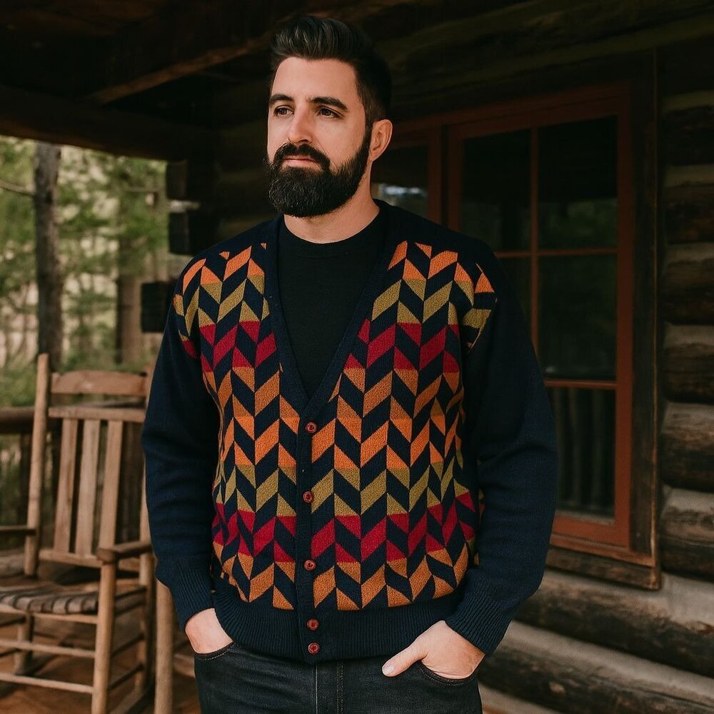 Limnos Pure New Wool Multicolor Geometric Grandpa Cardigan Cozy Cabin Men's L